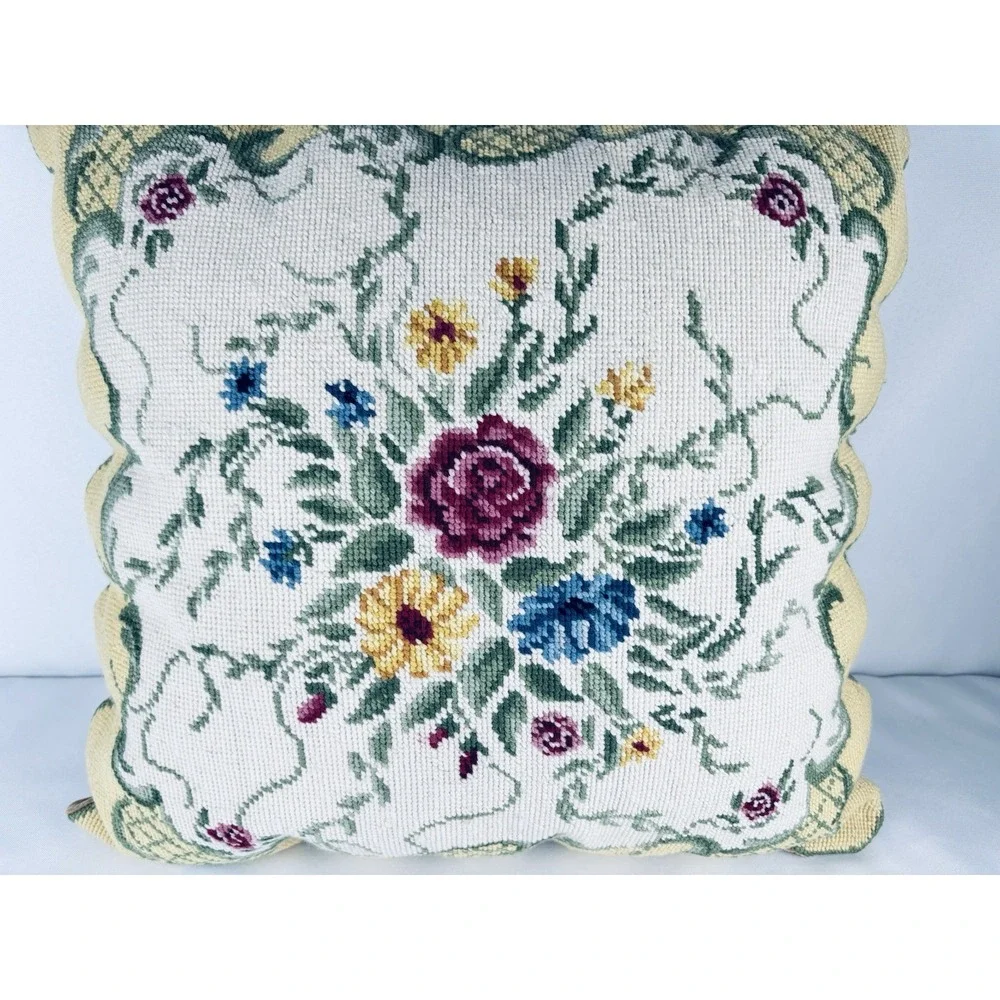 Needlepoint Pillow - Floral Design, Velvet Back, Cottagecore Flowers Grannycore
